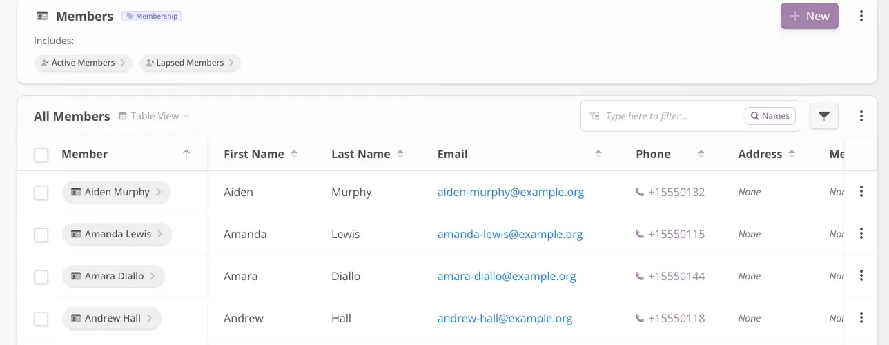 Simply Members member directory table showing member records and searchable fields.