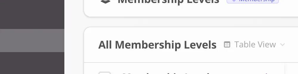 Cropped Simply Members Membership Levels screen showing its heading and Table View label.